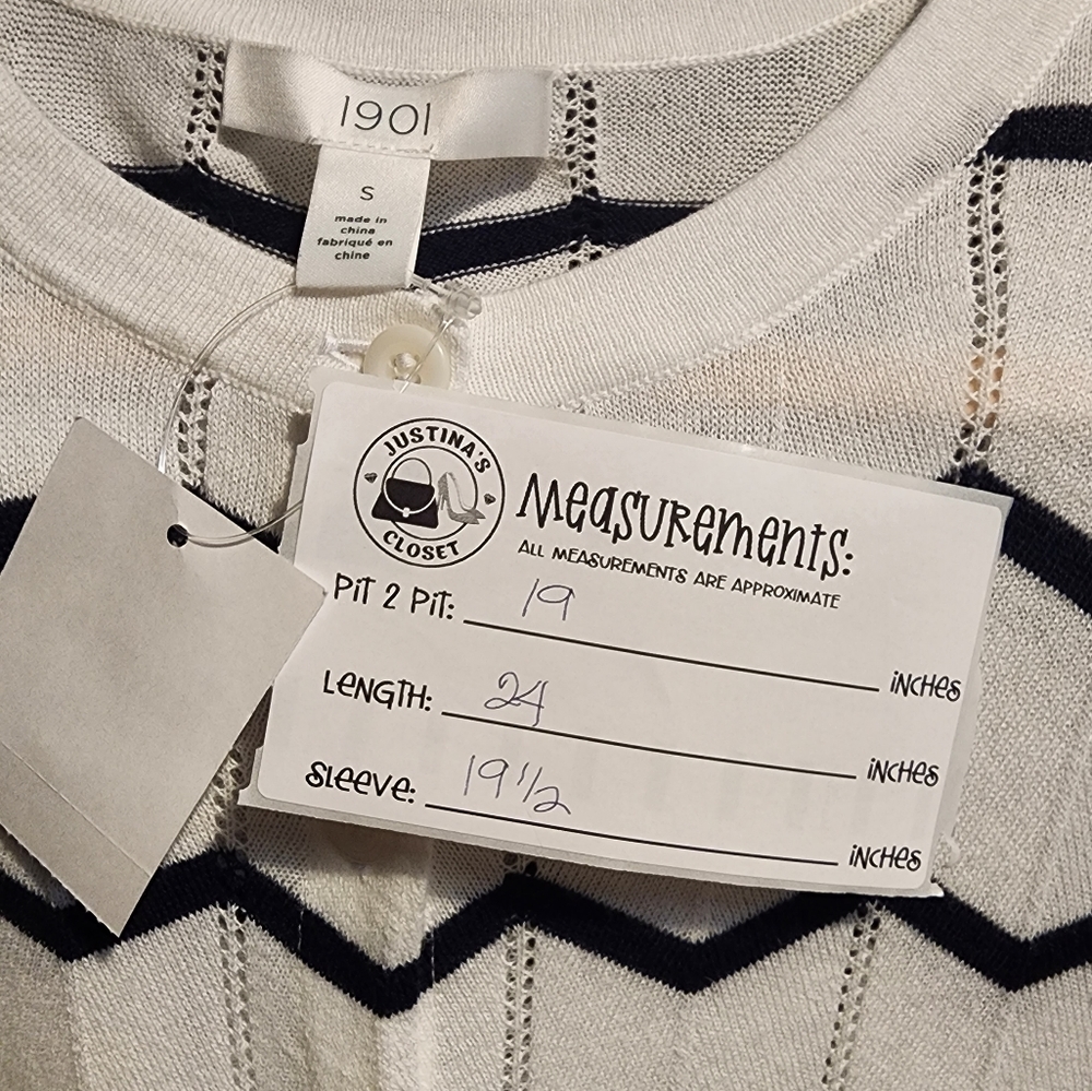 NWT 1901 Chevron Crew Cardigan In White Navy Chevron Sz S - Picture 3 of 5